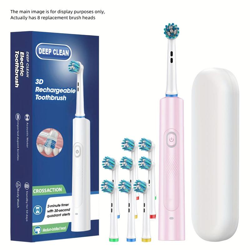 Electric Toothbrush, 1 Box Rechargeable Rotating Electric Toothbrush with 8 Counts Brush Head & Travel Case, Oral Care Product for Adults