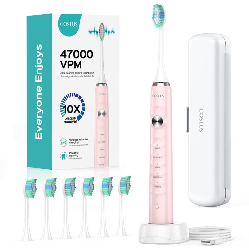 COSLUS Electric Toothbrush with 6 Replacement Brush Heads, 47,000 VPM, 10x Cleaning Power, Wireless Inductive Charging Stand, IPX7 Waterproof, Includes Mini Travel Case for Easy Travel, Suitable for Whole Family Use