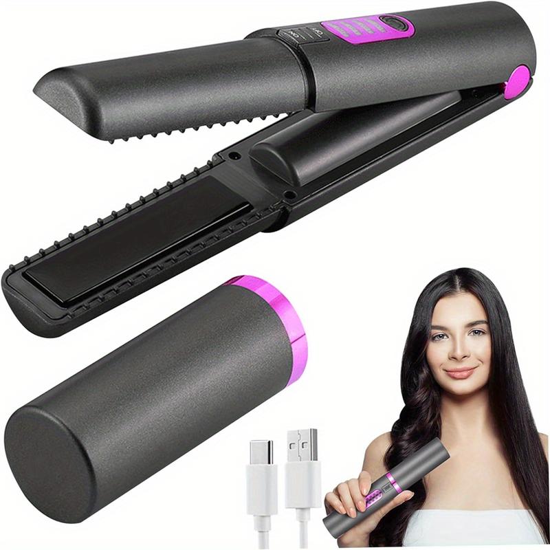 Women Cordless Hair Straightener and Curler 2 in 1, Mini Curling Iron Straightener Combo with 4800mAh Battery, Portable Ceramic Flat Iron for Travel, USB-C Rechargeable, 15s Fast Heating, Gray Black