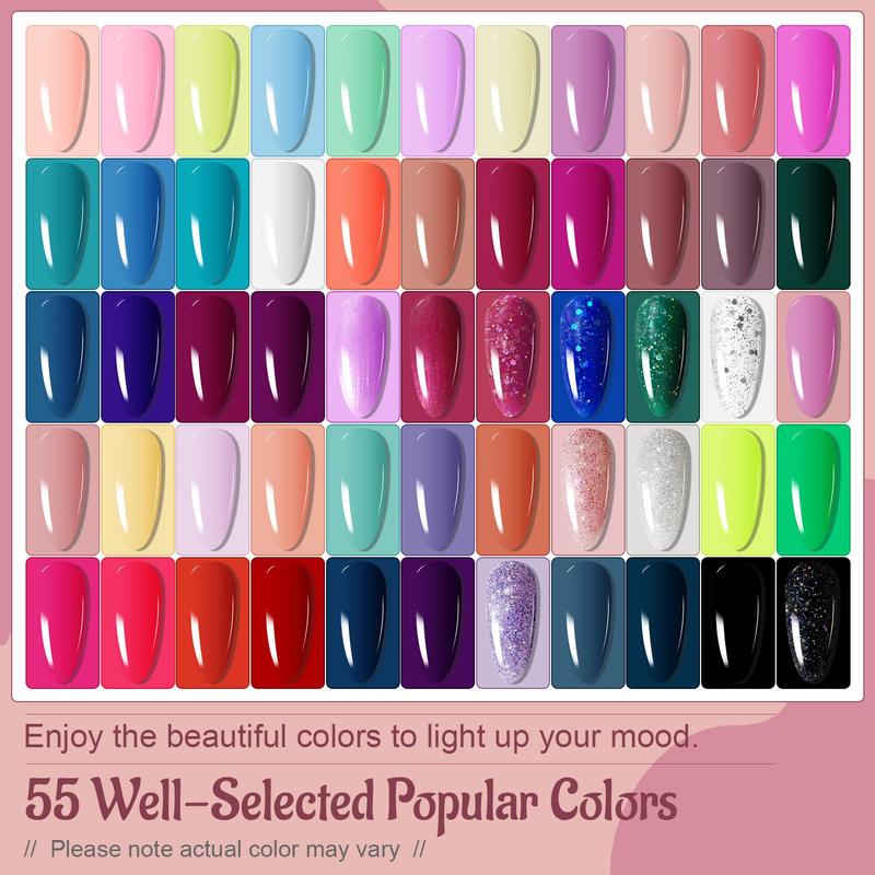 JODSONE Gel Nail Polish Kit 60 PCS with U V Light Base Top Coat 55 Shine Colors Bright and Dark Series Manicure Set for Mother's day gifts