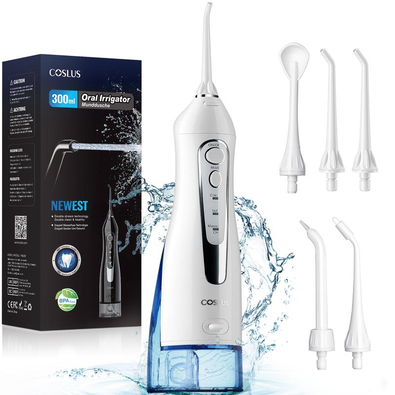 COSLUS Water Dental Flosser with Dual-Thread Stream for Thorough Cleaning, 4 Modes & 5 Replacement Heads with 300ML Tank, 30-Day Battery Life, IPX7 Waterproof, For Home Travel, Gift