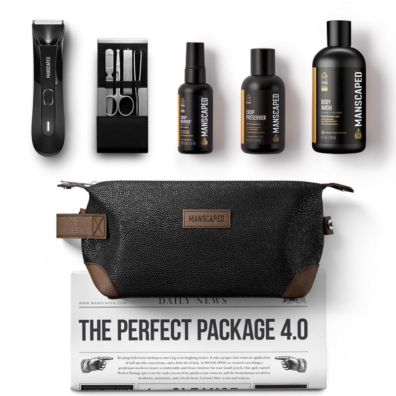 MANSCAPED® Perfect Package 4.0 Kit Contains: The Lawn Mower® 4.0 Electric Trimmer, Ball Deodorant, Body Wash, Performance Spray-on-body Toner, Four Piece Luxury Nail Kit, Toiletry Bag, 3 Shaving Mats