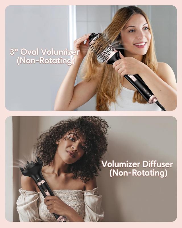 4-in-1 Hot Air Rotating Blow Dryer Brush Kit  1000W with Rotatable Round Brushes (2 Sizes), Oval Volumizer, and Diffuser  Ideal for Curly Hair, with Arthritis-Friendly Big Buttons, Black