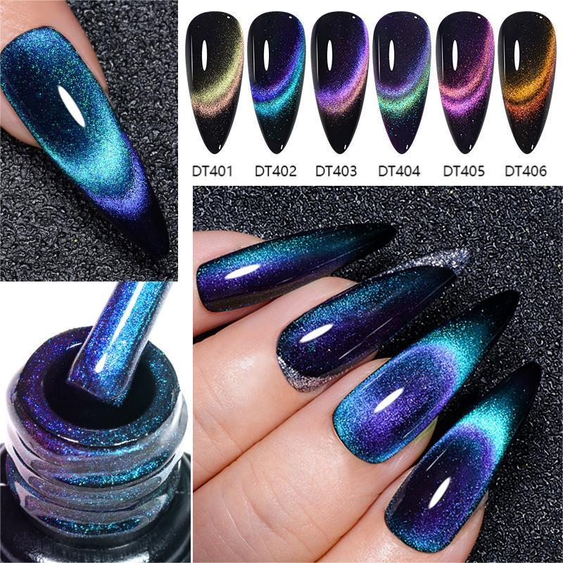 Rainbow Magnetic Gel Polish Set, 7 Counts Sparkling Cat Eye Nail Gel with 1 Count Magnetic Stick, Nail Art Need Lamp Cure Glitter UV Gel Varnish, Christmas Gift