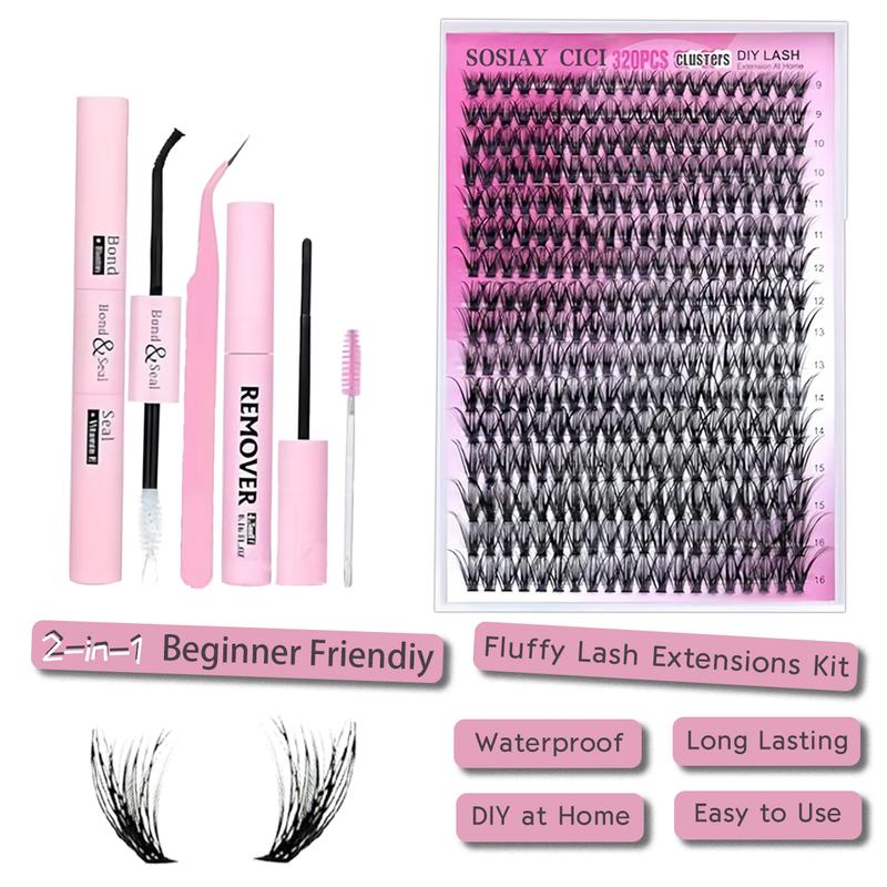 Eyelash Extension Kit 320Pcs, Eyelash Tufts Eyelash Extension Kit - D Curl 9-16mm Mix 40D Single Eyelash Kit, DIY Personal Eyelash Cluster Kit, Eyelash Gluing & Sealing, Eyelash Extensions, Eyelash Applicator Tool For Home False Eyelash Cluster Kit