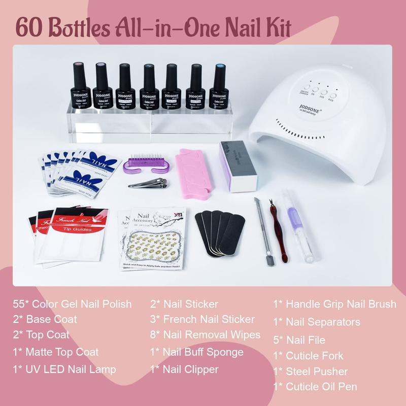 JODSONE Gel Nail Polish Kit 60 PCS with U V Light Base Top Coat 55 Shine Colors Bright and Dark Series Manicure Set for Mother's day gifts