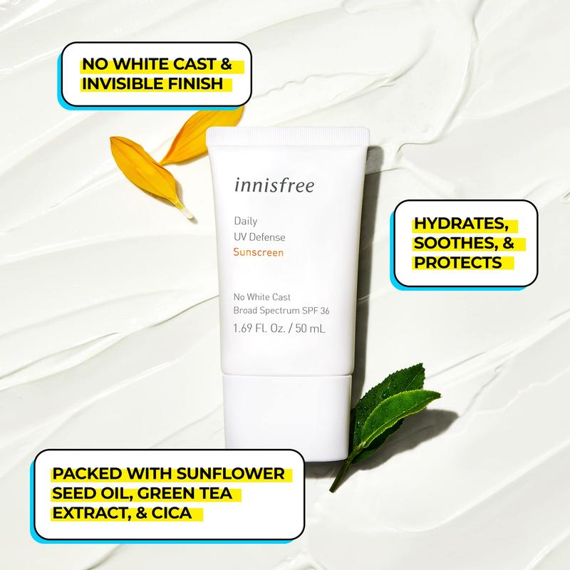 Innisfree Daily UV Defense Broad Spectrum SPF 36 invisible sunscreen: Hydrating, Soothing, No white-cast, TSA Friendly Facial Skincare Sunflower Skin Repair Comfort