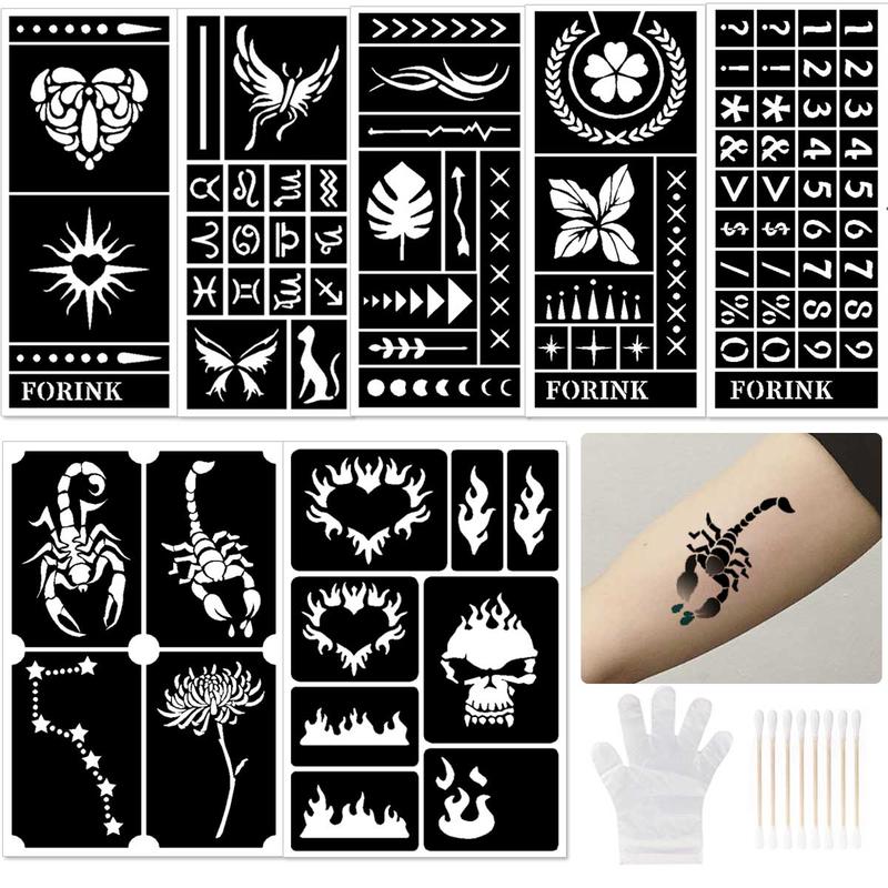 Temporary Tattoo Paint Set, 1 Set Including 7 Temporary Tattoo Stencils & 3 Tattoo Paints, Waterproof Temporary Body Art Tattoo for Party