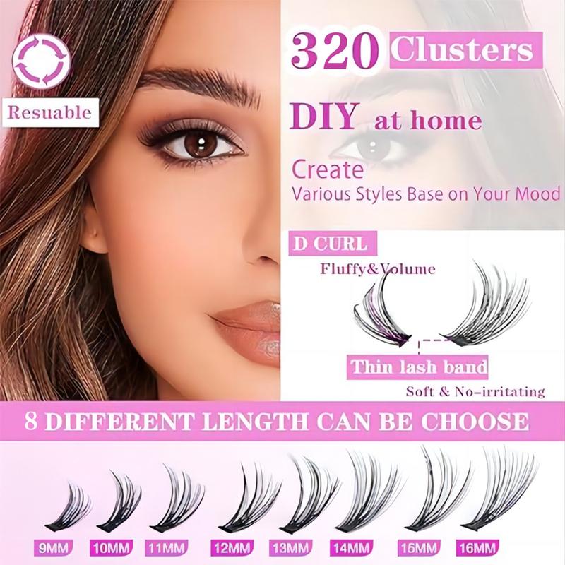 Eyelash Extension Kit 320Pcs, Eyelash Tufts Eyelash Extension Kit - D Curl 9-16mm Mix 40D Single Eyelash Kit, DIY Personal Eyelash Cluster Kit, Eyelash Gluing & Sealing, Eyelash Extensions, Eyelash Applicator Tool For Home False Eyelash Cluster Kit