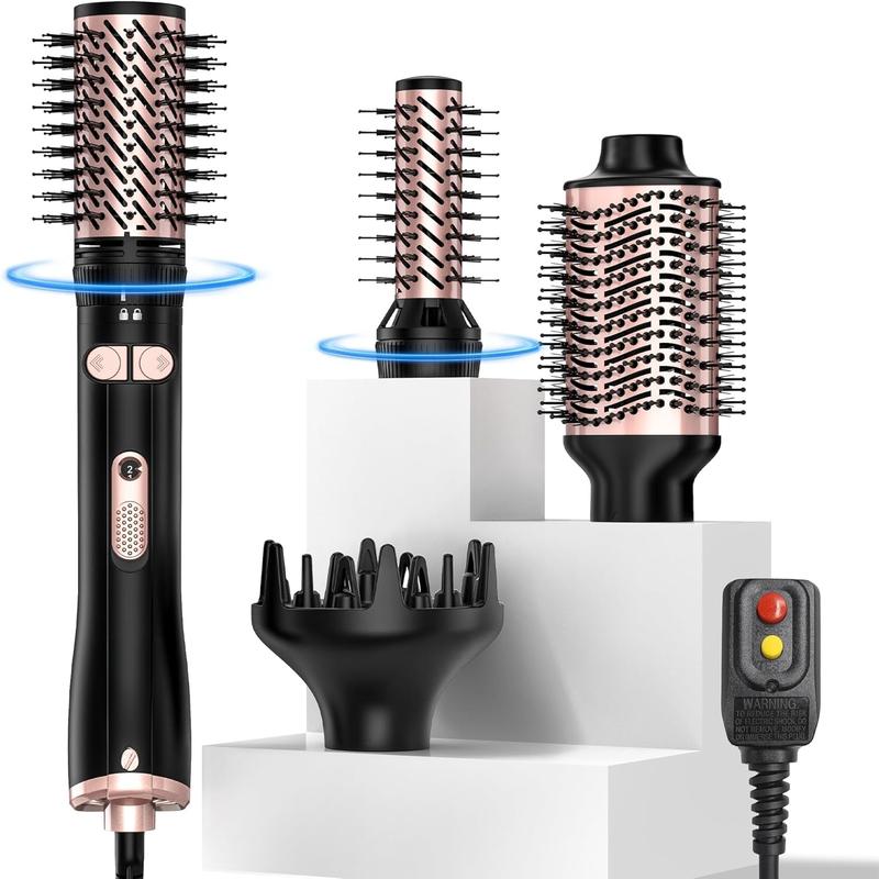 4-in-1 Hot Air Rotating Blow Dryer Brush Kit  1000W with Rotatable Round Brushes (2 Sizes), Oval Volumizer, and Diffuser  Ideal for Curly Hair, with Arthritis-Friendly Big Buttons, Black