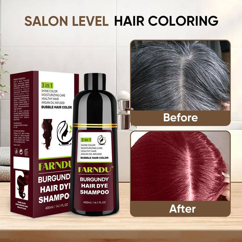 FARNDU-Hair Dye Shampoo(Buy 1 Get 7), Gray Hair Coverage, 3 in 1 (+Shampoo+Conditioner), Multiple Colors Available, 10 Mins Hair Color, Glossy and bright, For Men & Women, Long Lasting, Plant extracts, Fruity aroma Ammonia-Free Mild (400 mL)-Burgundy