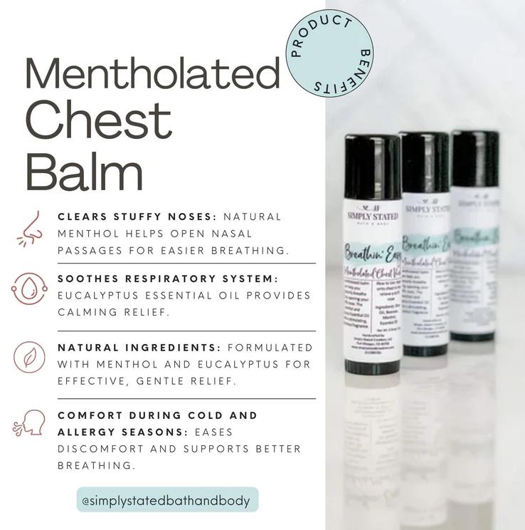 Breathin' Easy Menthol and Eucalyptus Essential Oil Chest Rub by Simply Stated Bath and Body Body Care Gentle Clear Olive Comfort Cosmetic