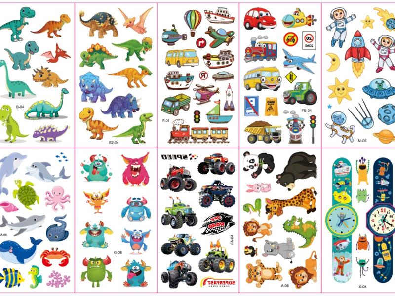 10 Sheets Tattoos for Kids, Mixed Styles Cartoon Temporary Tattoos Stickers with Dinosaur Cars Astronauts Sea Animals Monsters Trucks Cartoon Watch Space for Boys and Girls Birthday Games for Party