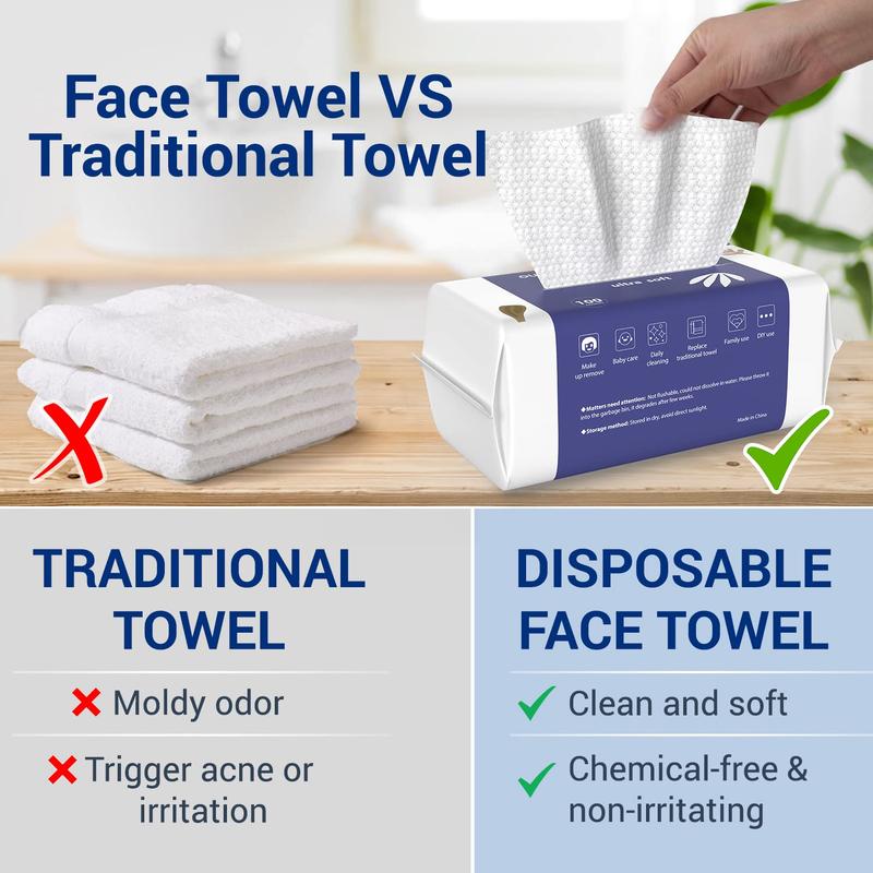 Face Towels, Disposable Biodegradable Clean Facial Wash Cloth for Sensitive Skin, Lint- free Facial Tissue for , Skincare and Makeup Remover, Dry Wipes,100 Count Daily Gentle Cleansing Cleanser Cosmetic