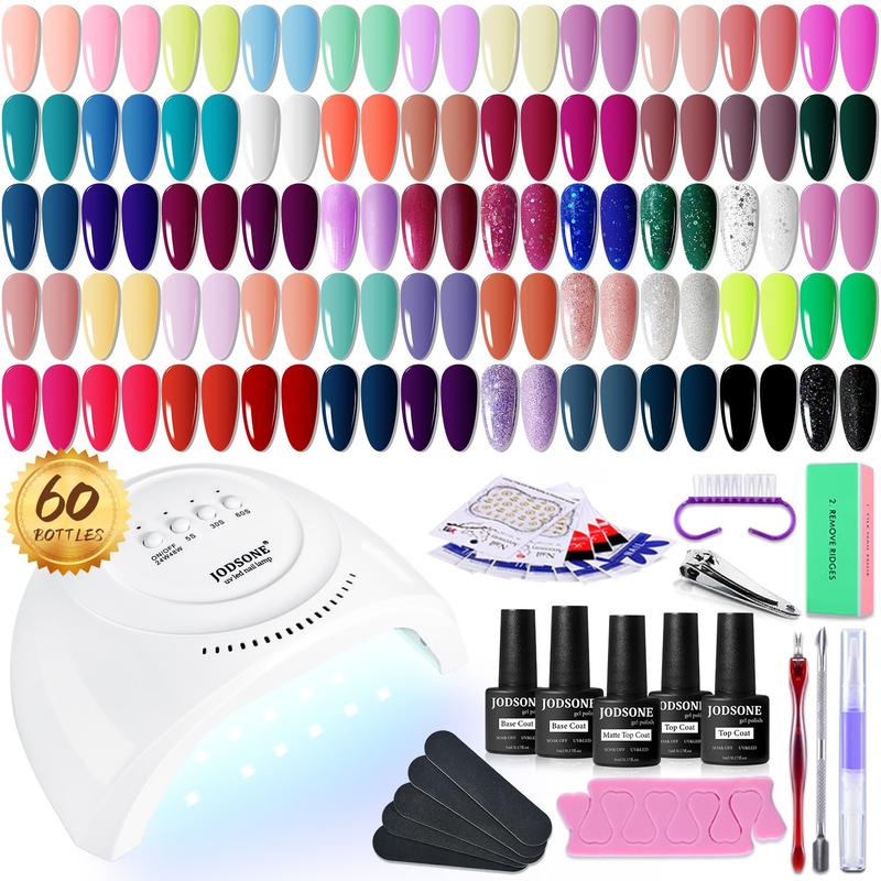 JODSONE Gel Nail Polish Kit 60 PCS with U V Light Base Top Coat 55 Shine Colors Bright and Dark Series Manicure Set for Mother's day gifts