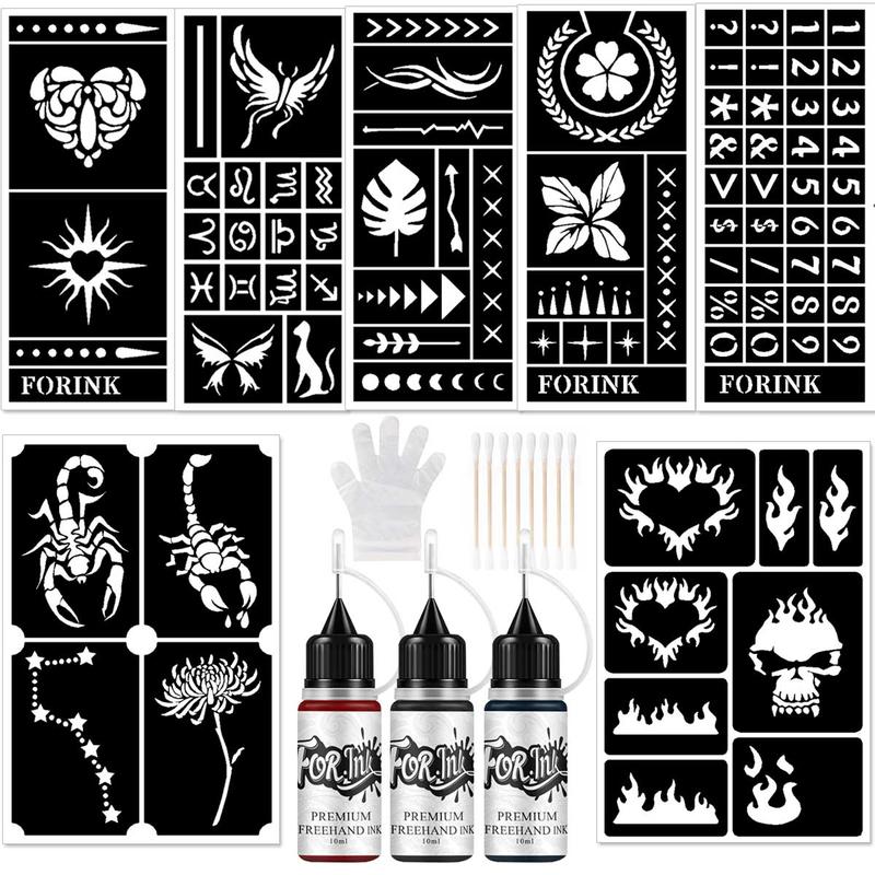 Temporary Tattoo Paint Set, 1 Set Including 7 Temporary Tattoo Stencils & 3 Tattoo Paints, Waterproof Temporary Body Art Tattoo for Party