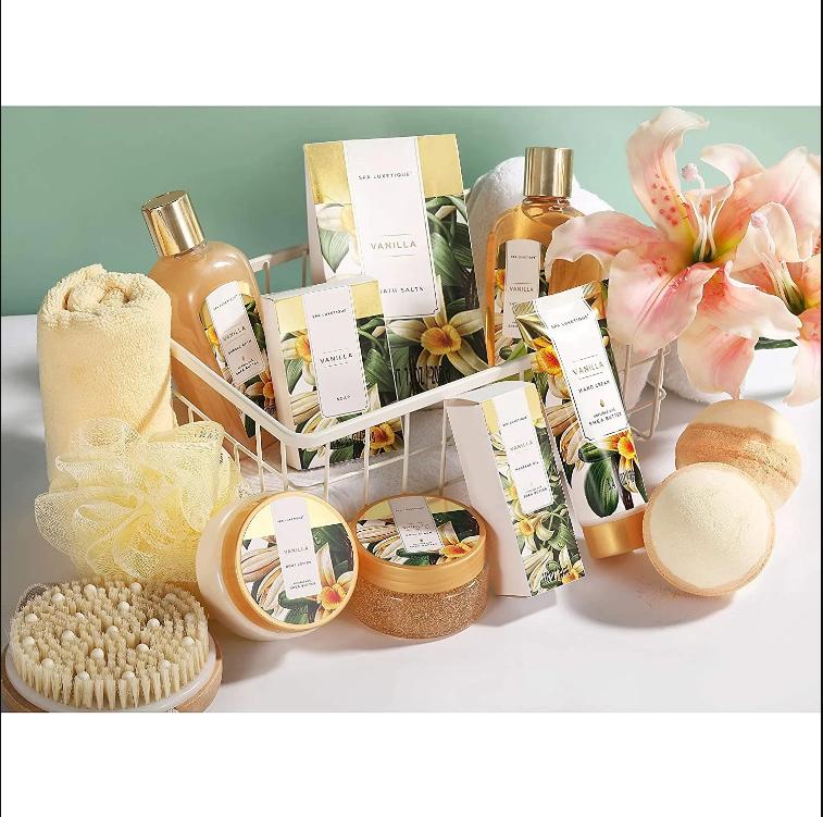 Spa Luxetique Gift Sets for Women - 15 Pcs Vanilla Scent Birthday Holiday Christmas Gifts Bath Baskets for Her