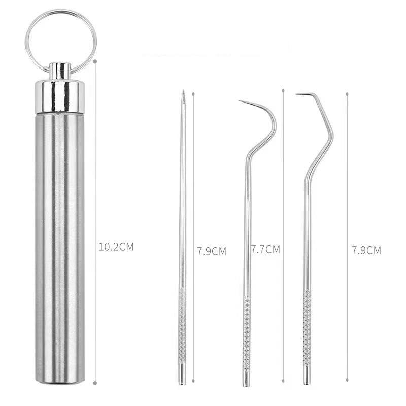 Dental Teeth Pick Stainless Steel Toothpick Set Reusable Tooth Stains Remover Dental Tool Teeth Cleaning Tools with Holder for Outdoor Picnic, Camping, Travel (7PCS Set)