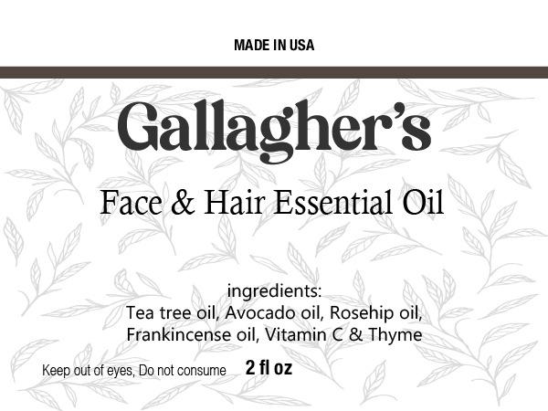 Gallagher's Face & Hair Essential Oil  |  Tea Tree Oil, Avocado Oil, Rosehip Oil, Frankincense Oil Vitamin C & Thyme  |  All Natural Ingredients