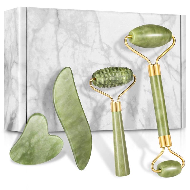 4-pcs Jade Roller & Gua Sha Set, Facial Roller Massager with Gua Sha Scraping Tool, Jade Stone Massager for Anti-aging, Slimming & Firming, Rejuvenate Face and Neck, Remove Wrinkles & Eye Puffiness Skincare Comfort