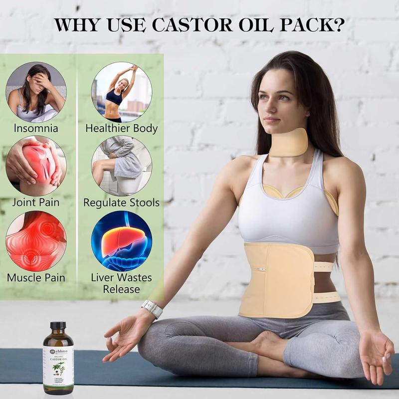 YBHMO Organic Castor Oil Cold Pressed Glass Bottle (8fl.oz 237ml), Castor Oil Pack Wrap Organic Cotton for Liver Wastes Release, Inflammation and Relieve Pain