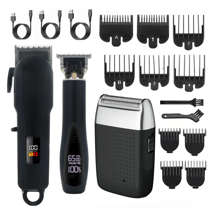 3-Piece Professional Cordless Barber Clipper Set - Rechargeable Hair Trimmer and Shaver for Men with Adjustable Combs, LED Light, Electric Hair Cutting Kit for Beard, Body, and Hair Trimming hair  clipper