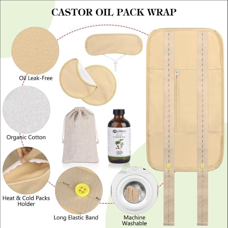 YBHMO Organic Castor Oil Cold Pressed Glass Bottle (8fl.oz 237ml), Castor Oil Pack Wrap Organic Cotton for Liver Wastes Release, Inflammation and Relieve Pain