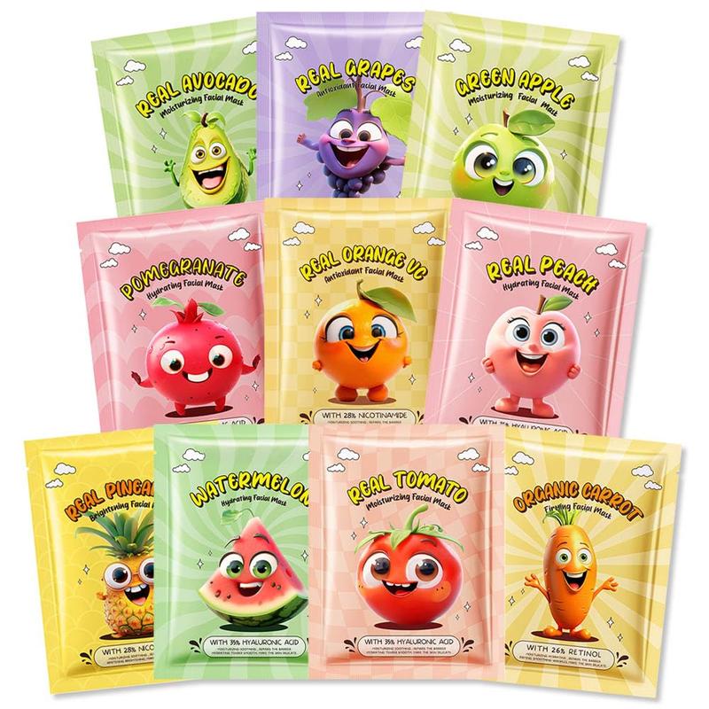 10 Pack Fruit Face Masks for , Spa Party Facial Mask Skincare Set, Sheet Masks Skin Care, Moisturize Brighten Soothe for All Skin Types, Christmas Birthday Gifts for Women Men Girls, 01