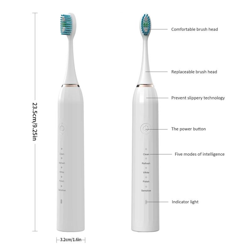 IPX7 Waterproof Electric Toothbrush Set, 1 Set Sonic Toothbrush with 2 Counts Replacement Brush Head, Intelligent Timer Toothbrush for Travel Home