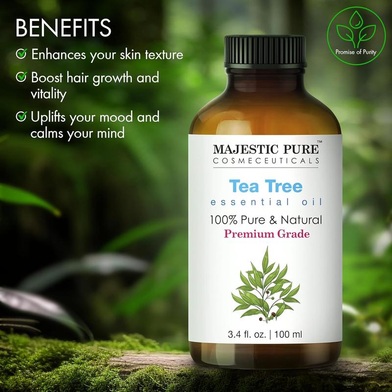 MAJESTIC PURE Tea Tree Essential Oil | 100% Pure and Natural Tea Tree Oil | Premium Grade Essential Oils for Hair Care, Home, Diffusers, Skin, Aromatherapy, Massage and Humidifiers | 3.4 Fl Oz Majestic Pure