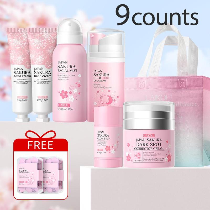 Moisturizing Sakura Skin Care Kit (1 Set), Including Facial Toner Mist, Day & Night Eye Cream, Spot Cream, Hand Cream, Foot Care Wand, Hand Soap Tablet, Gift Bag