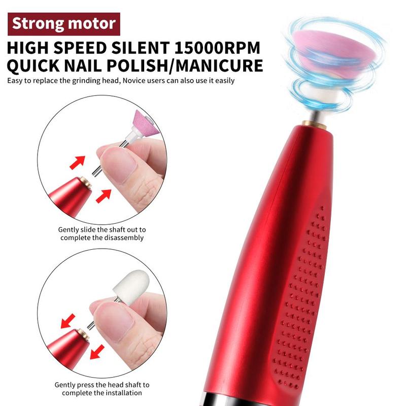 Electric Nail Drill Kit, 1 Box 15000RPM Professional Electric Nail File for Acrylic Polish Gel Nail Removal, Rechargeable Nail Drill with Nail Drill Bits