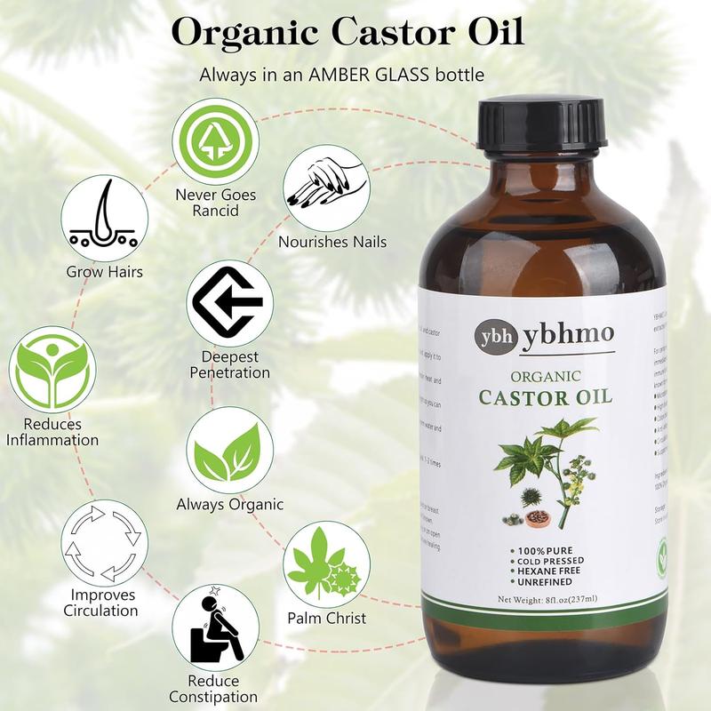 YBHMO Organic Castor Oil Cold Pressed Glass Bottle (8fl.oz 237ml), Castor Oil Pack Wrap Organic Cotton for Liver Wastes Release, Inflammation and Relieve Pain