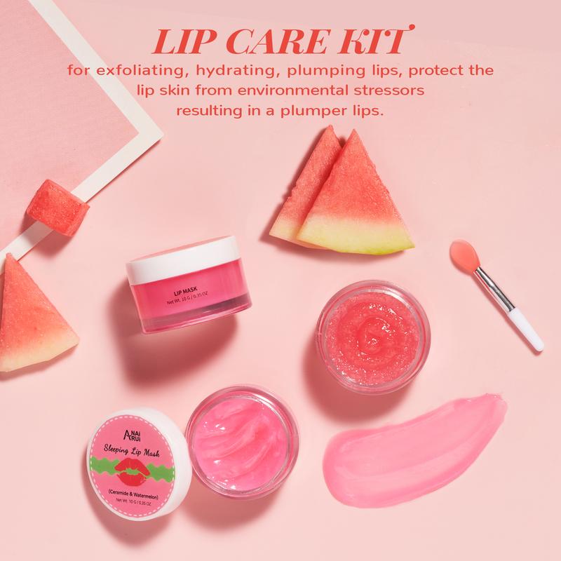 ANAiRUi Watermelon+Ceramide Lip Care Kit - Lip Sleeping Mask and Lip Scrub, Skincare Overnight Moisturizing Mask for Dry, Chapped Lips to Comfort