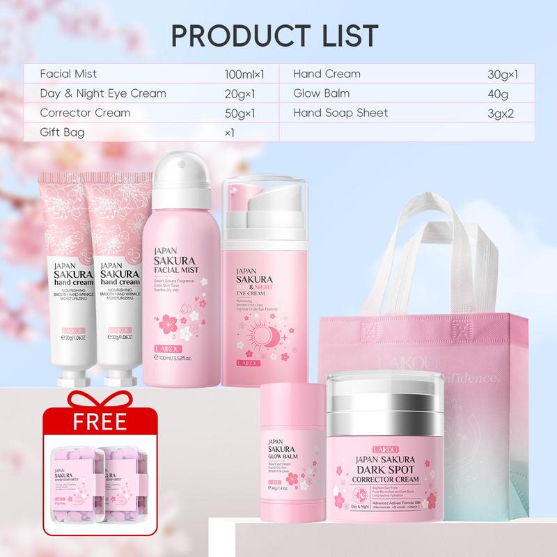 Moisturizing Sakura Skin Care Kit (1 Set), Including Facial Toner Mist, Day & Night Eye Cream, Spot Cream, Hand Cream, Foot Care Wand, Hand Soap Tablet, Gift Bag