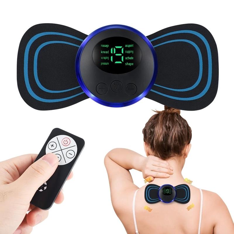 Mini Neck Massager, Lymphatic Drainage Massager, Portable Mini Back Massage Device for Neck Shoulder Back Waist, Remote Control with 8 Modes 19 Levels Adjustable & 5pcs Massage Stickers