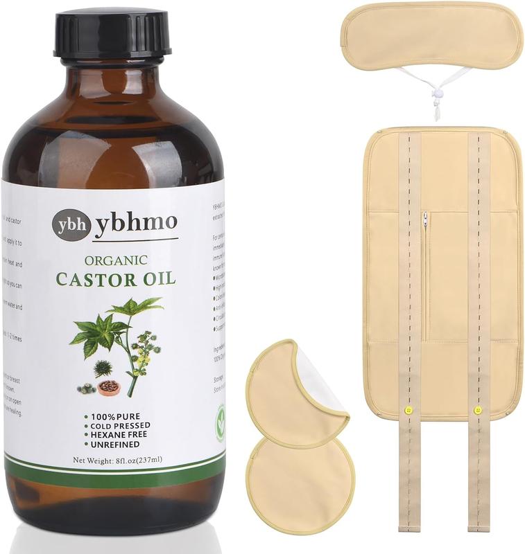 YBHMO Organic Castor Oil Cold Pressed Glass Bottle (8fl.oz 237ml), Castor Oil Pack Wrap Organic Cotton for Liver Wastes Release, Inflammation and Relieve Pain