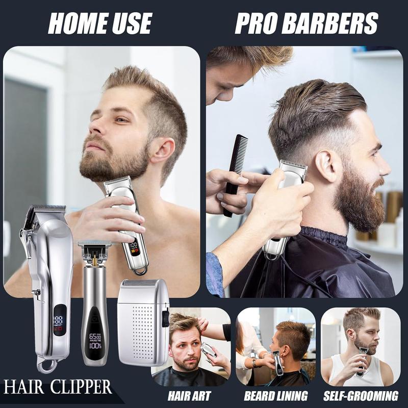 3-Piece Professional Cordless Barber Clipper Set - Rechargeable Hair Trimmer and Shaver for Men with Adjustable Combs, LED Light, Electric Hair Cutting Kit for Beard, Body, and Hair Trimming hair  clipper