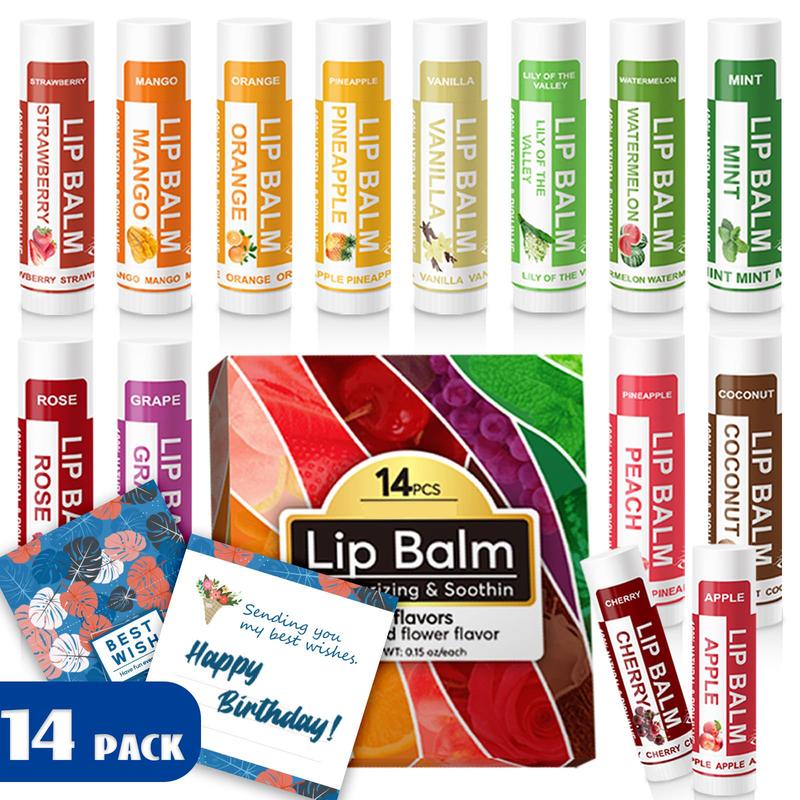 14 Pack Natural Lip Balm in Bulk with Vitamin E and Coconut Oil - Moisturizing, Soothing, and Repairing Dry and Chapped Lips - 14 Flavors-With Greeting Card