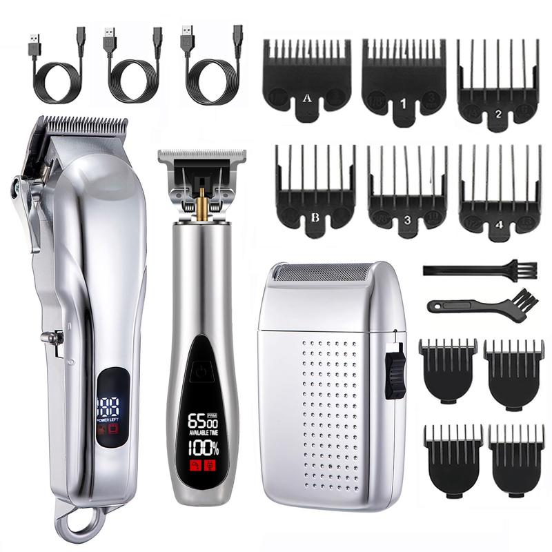 3-Piece Professional Cordless Barber Clipper Set - Rechargeable Hair Trimmer and Shaver for Men with Adjustable Combs, LED Light, Electric Hair Cutting Kit for Beard, Body, and Hair Trimming hair  clipper