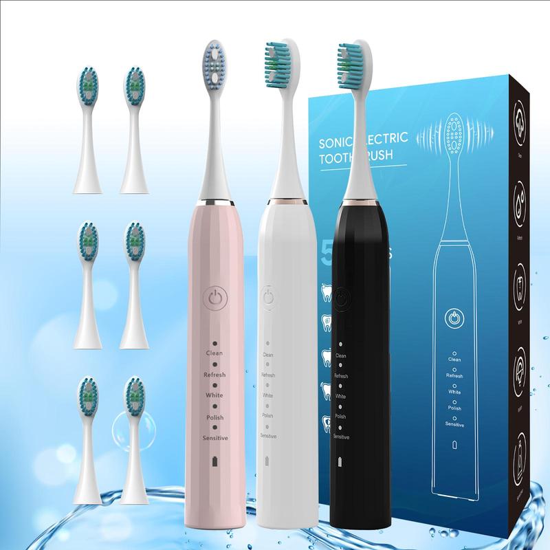 IPX7 Waterproof Electric Toothbrush Set, 1 Set Sonic Toothbrush with 2 Counts Replacement Brush Head, Intelligent Timer Toothbrush for Travel Home