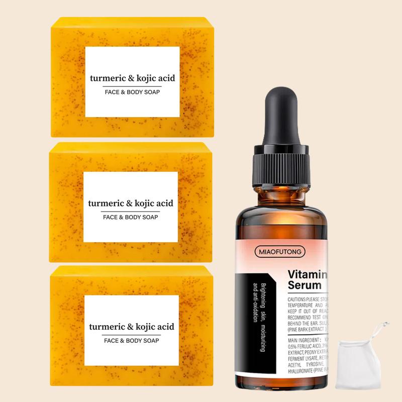 Turmeric Soap & Vitamin C Facial Serum, 1 Set Deep Cleansing & Moisturizing Skin Care Kit for Men & Women, Skin Care Kit for All Skin Types