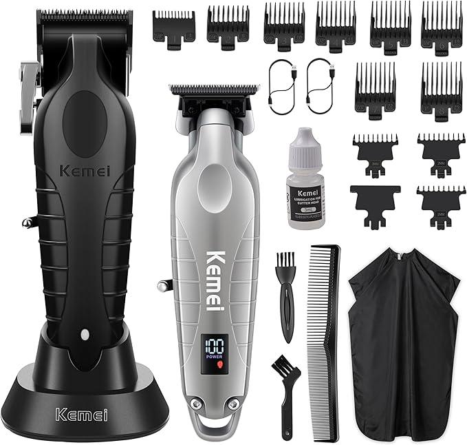 Kemei-2293+2296 Combo Men's Hair Clipper, Professional Hair Clipper and Trimmer Set, Men's Cordless Zero-Clearance Trimmer with LED Display, 11 Guide Combs LCD Display glaker hair