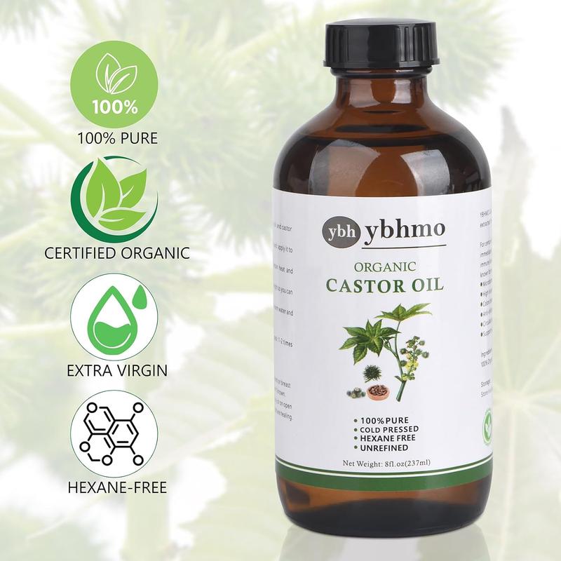 YBHMO Organic Castor Oil Cold Pressed Glass Bottle (8fl.oz 237ml), Castor Oil Pack Wrap Organic Cotton for Liver Wastes Release, Inflammation and Relieve Pain