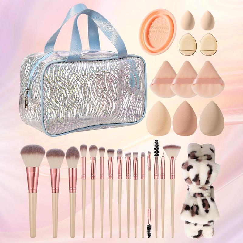 Makeup Tool Set, 28pcs set Makeup Brushes & Makeup Sponges & Powder Puffs & Cleaning Scrubber Bowl & Makeup Storage Bag & Hair Band, Professional Makeup Tools for Women