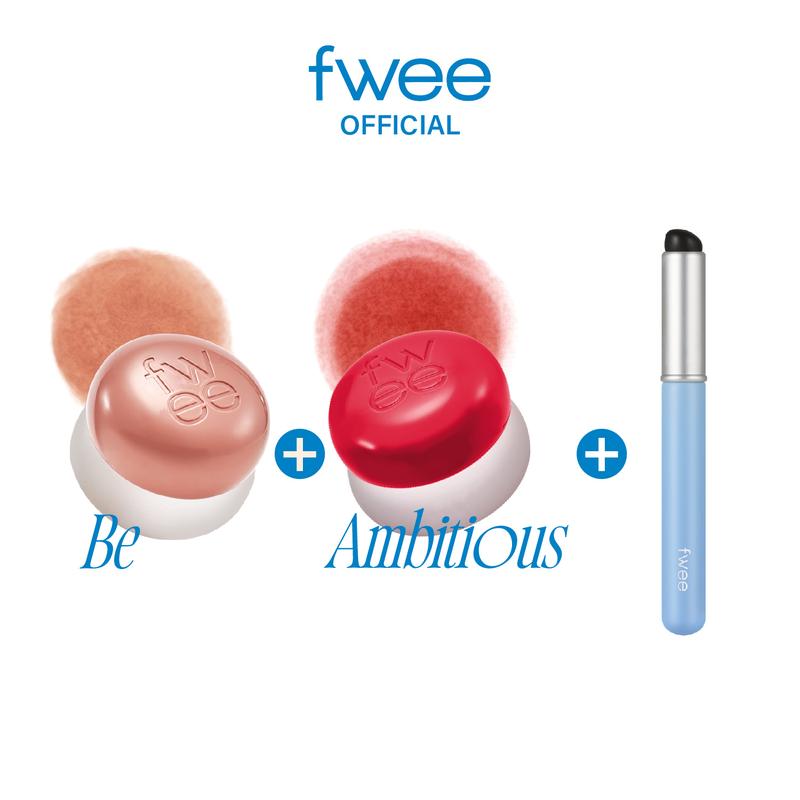 [Be Ambitious] fwee Lip&Cheek Blurry Pudding Pot | Makeup Blush and Blurred Matte Lips | Pudding Texture, Airbrushed Finish | 2 colors (Be+Ambitious) + Lip brush makeup set