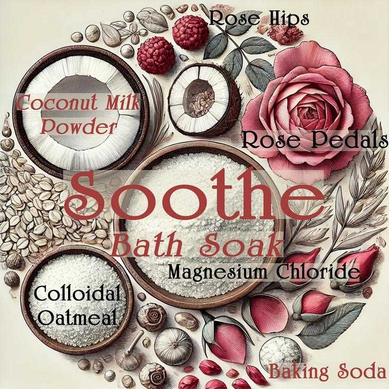 Soothe Bath Soak by Alchemy Elements, Nourishing and Calming Blend with Coconut Milk, Colloidal Oatmeal, Rose Petals Rosehips, Hydrate, Soften,Rejuvenate Skin, Luxurious Spa, Sensitive Skin, Body Care, Body Wash, Gentle Smooth Skin Repair pure magnesium m