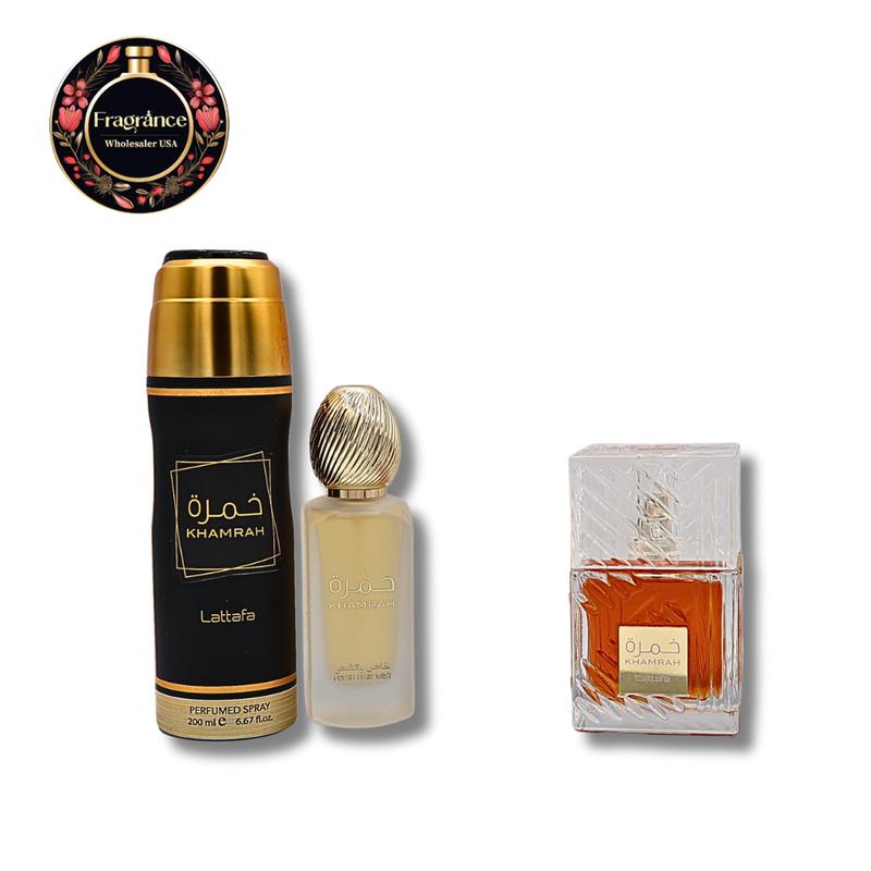 LATTAFA KHAMRAH GIFT SET EAU DE PARFUM 3.4FL.OZ, BODY SPRAY6.67FL.OZ & HAIR MIST