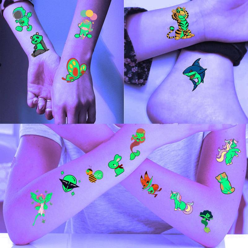 Cartoon Animal Pattern Temporary Tattoo Sticker, 20pcs Glow in The Dark Tattoo Decals, Creative Body Art Sticker for Party, Teens & Adults, Christmas Gift