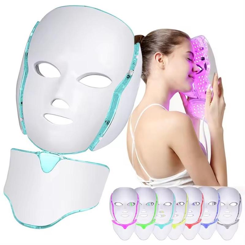 LED Light Facial & Neck Beauty Mask, 1 Set 7 Color Light Facial Care Tool, Professional Facial Beauty Instrument for Home & Salon Use